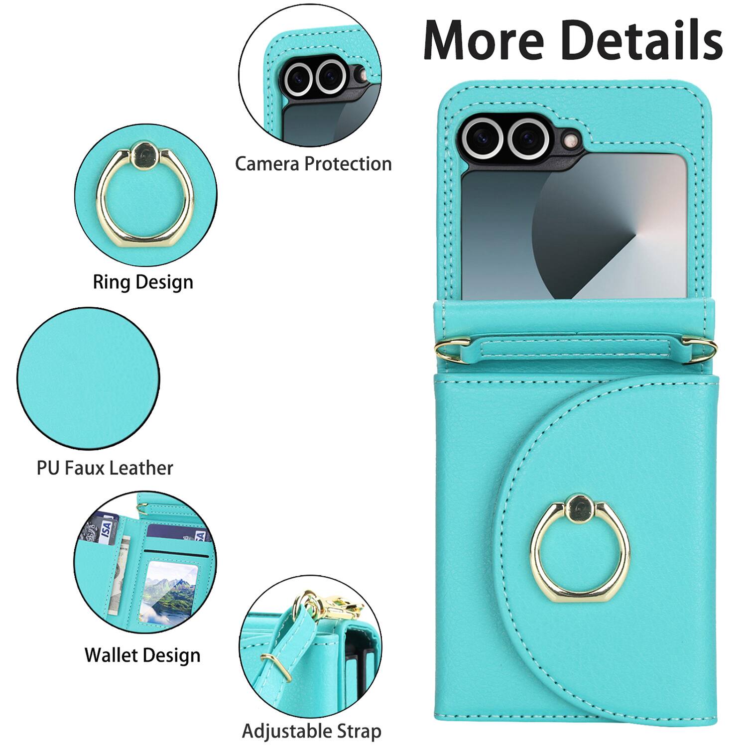 More Details  
Camera Protection  
Ring Design  
PU Faux Leather  
Wallet Design  
Adjustable Strap