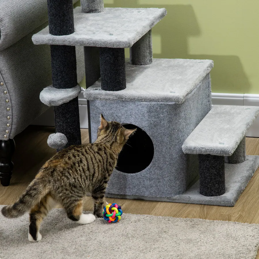Pawhut Pet Stairs, Adjustable 3/4 Step, Cat Scratching Post, Condo, Toy ...