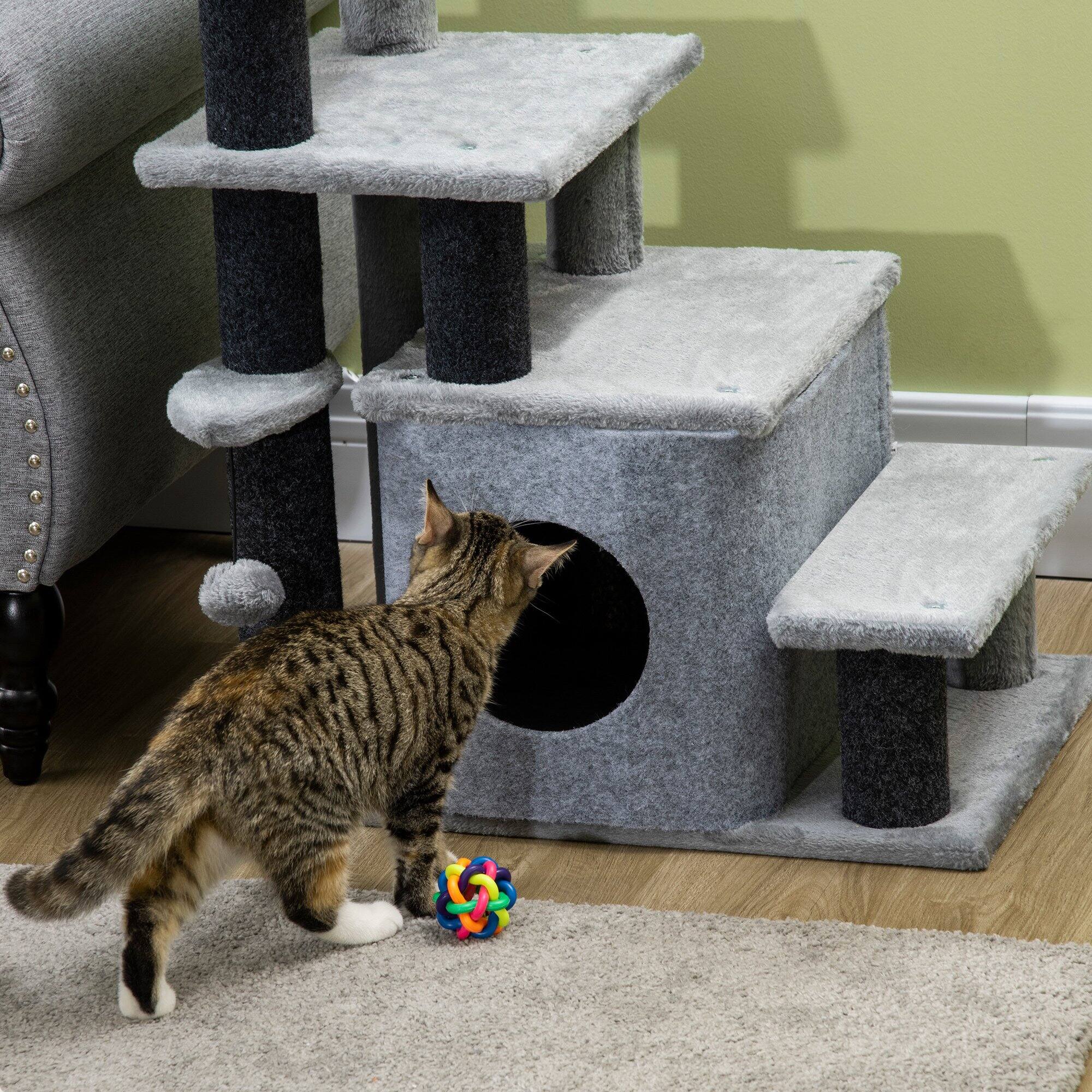 Alt View 5. Pawhut - Pet Stairs, Adjustable 3/4 Step, Cat Scratching Post, Condo, Toy Ball, Bed, Sofa Indoor Small Cats/Kittens - Gray.