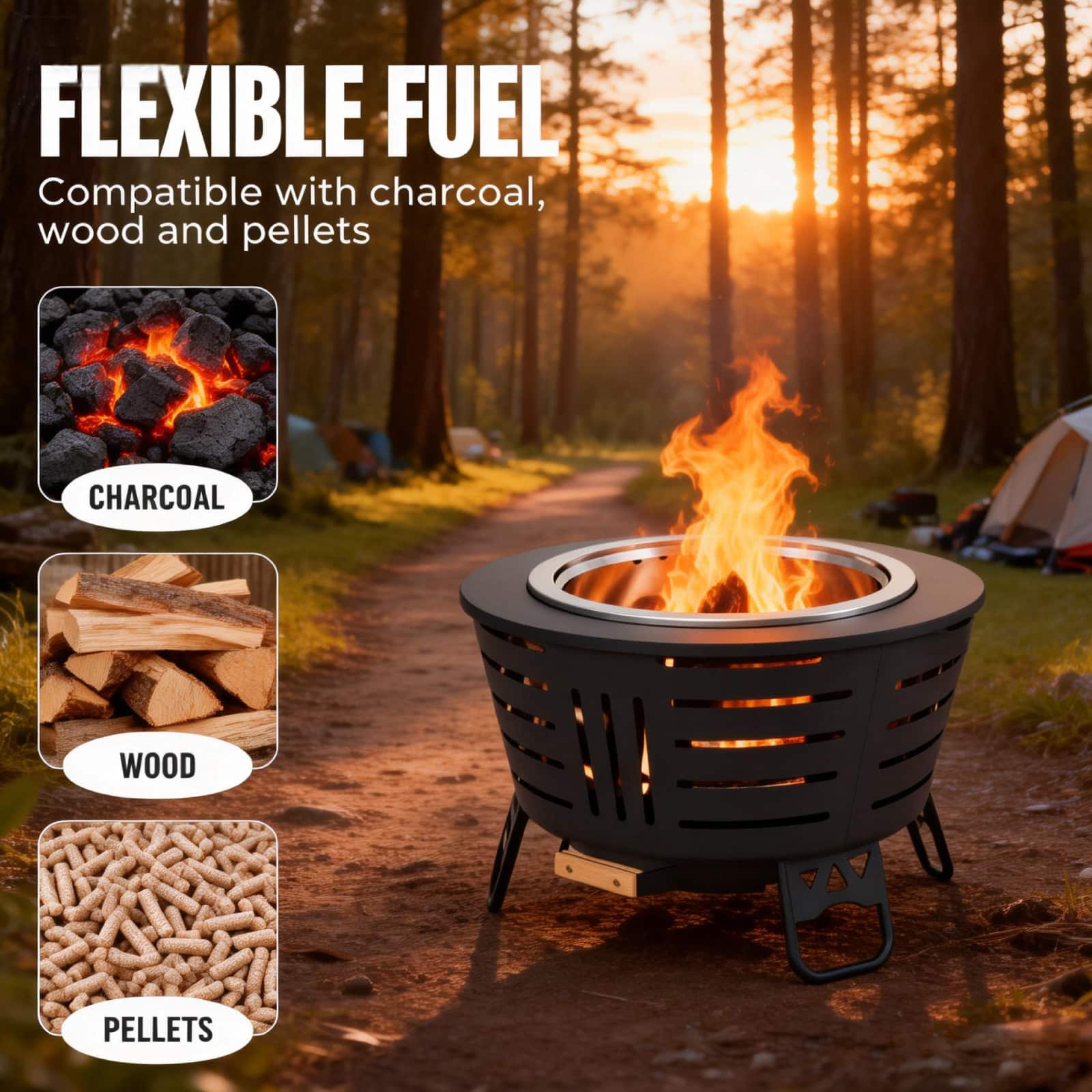 Brano - 26 inch Smokeless Fire Pit - Triple Burn Technology, with Support Legs, Ash Pan & Tools for Backyard, Patio, Garden