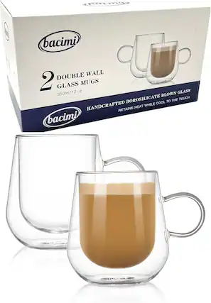 bacimi DOUBLE WALL 2 GLASS MUGS 350ml/12 oz BLOWN BOROSILICATE HANDCRAFTED BOROSILICATE BLOWN GLASS RETAINS HEAT WHILE COOL TO THE TOUCH