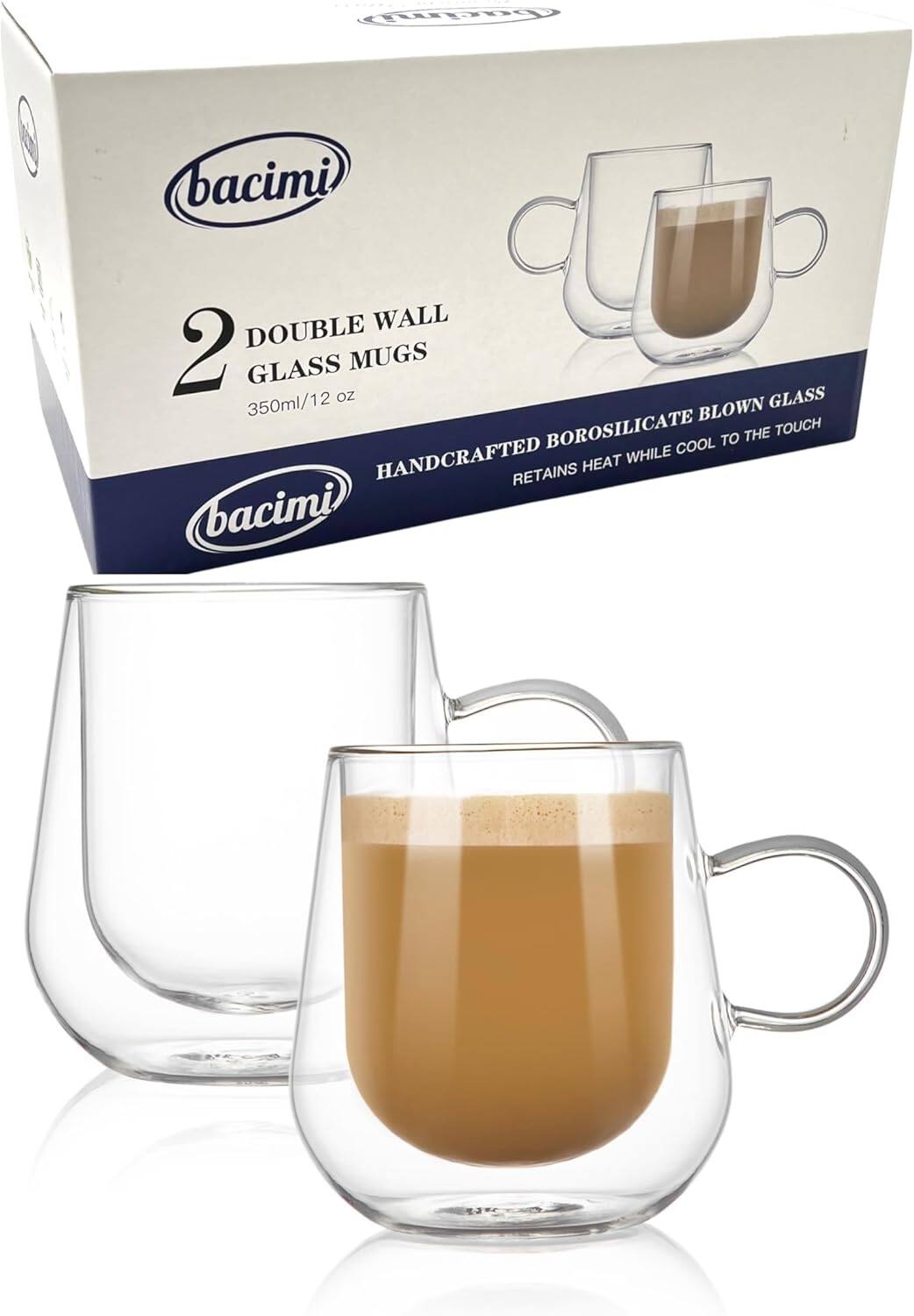 Bacimi - Double Wall Insulated Coffee Mugs Set of 2 /12oz Borosilicate Mug W/Handle Cups for Espresso, Cappuccino, Latte - Clear