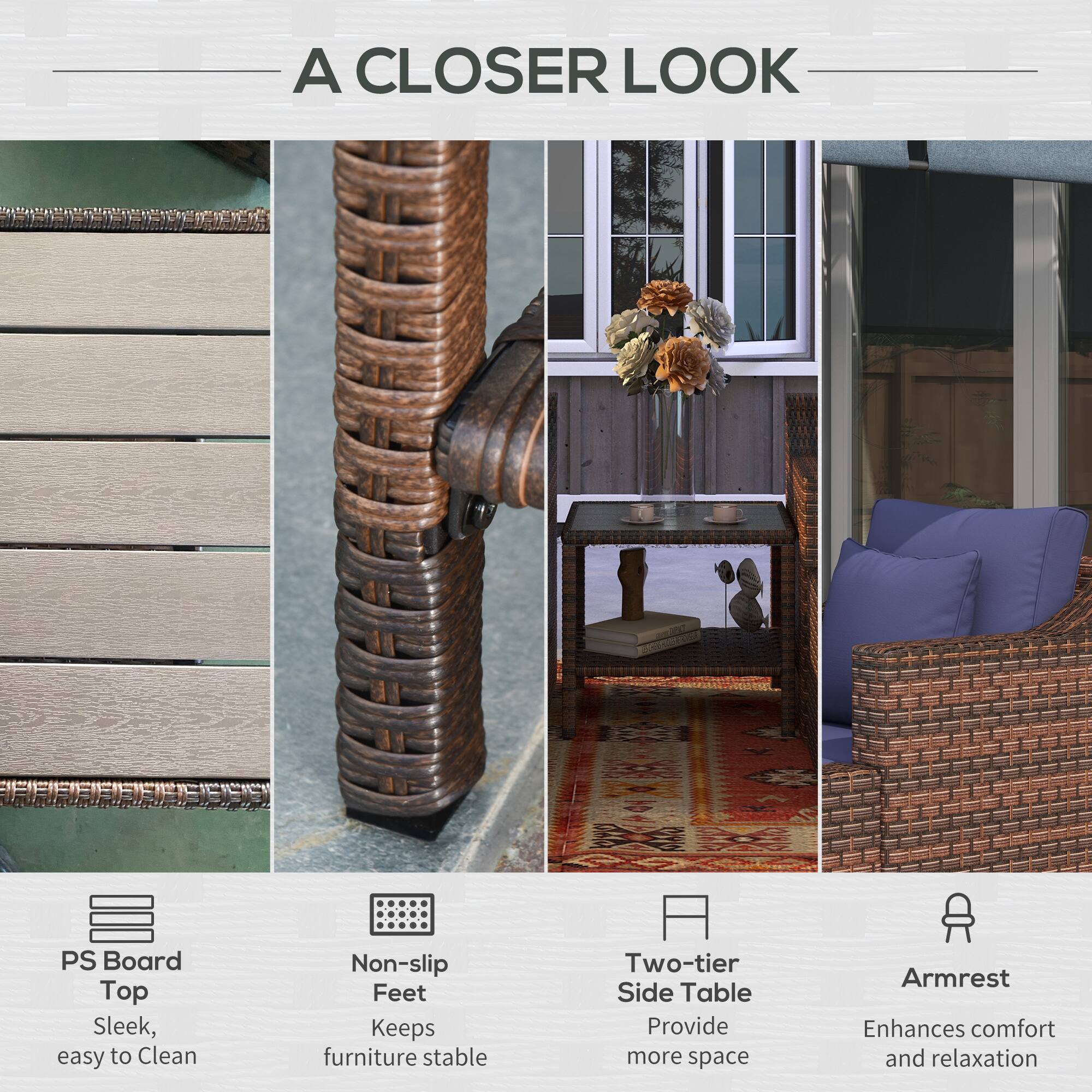 A CLOSER LOOK

- PS Board Top
  - Sleek, easy to Clean

- Non-slip Feet
  - Keeps furniture stable

- Two-tier Side Table
  - Provide more space

- Armrest
  - Enhances comfort and relaxation