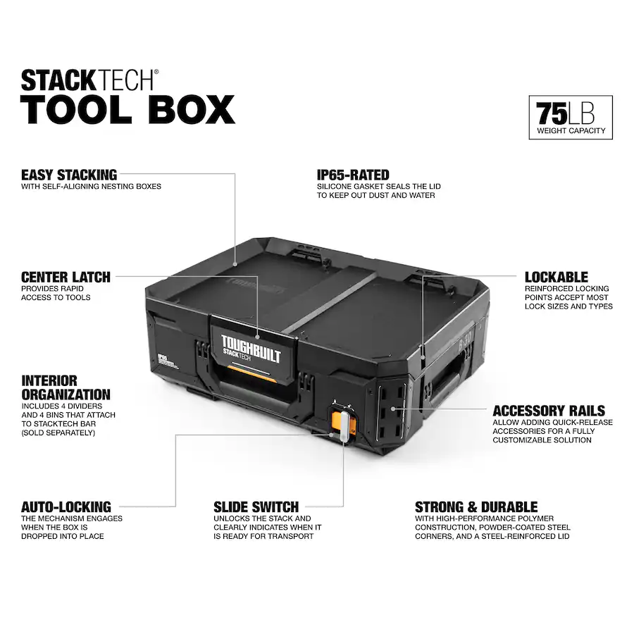 Stacktech Accessory Rails Tool Box ToughBuilt StackTech Lockable Tool Box, Durable Plastic Storage ...