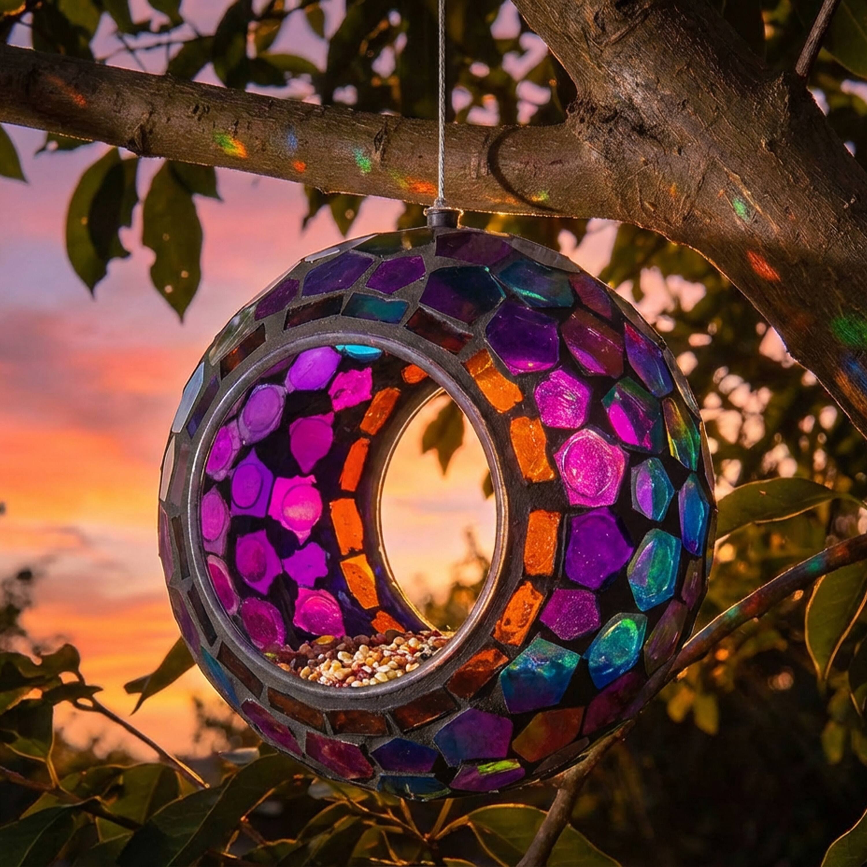 Alt View 1. Sunnydaze - Round Mosaic Fly-Through Hanging Bird Feeder - 6 in - Iridescent Purple Mosaic.