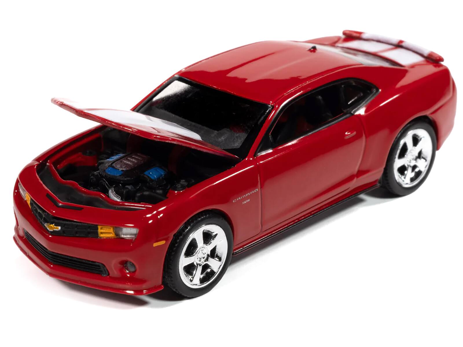 Left. Autoworld - 2010 Chevrolet Camaro RS/SS Victory Red with White Stripes "Modern Muscle" Series 1/64 Diecast Model Car by Auto World - Red.