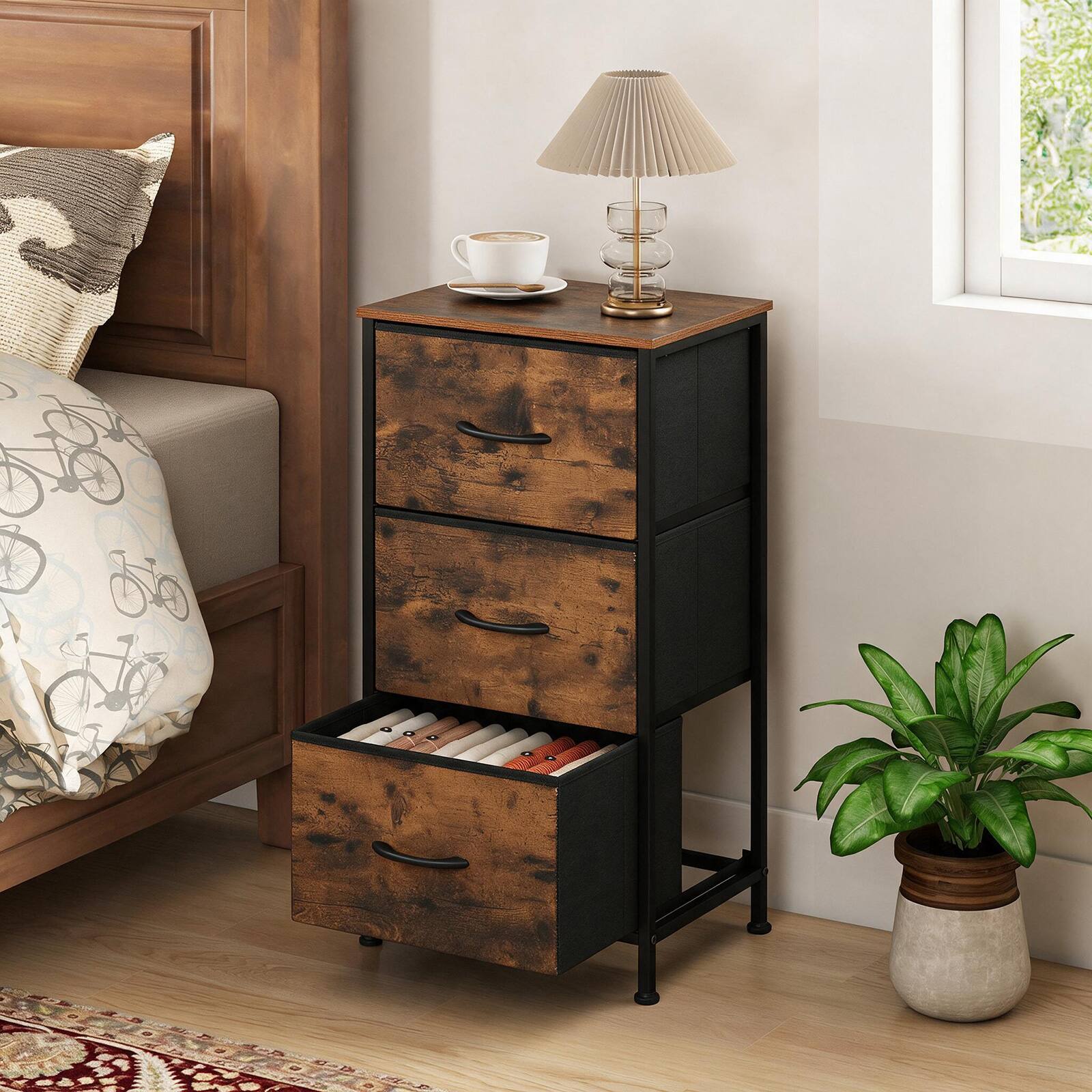 Alt View 1. Costway - Costway Dresser Nightstand with 3 Roomy Fabric Drawers Heavy-Duty Metal Frame for Dorm - Rustic Brown.