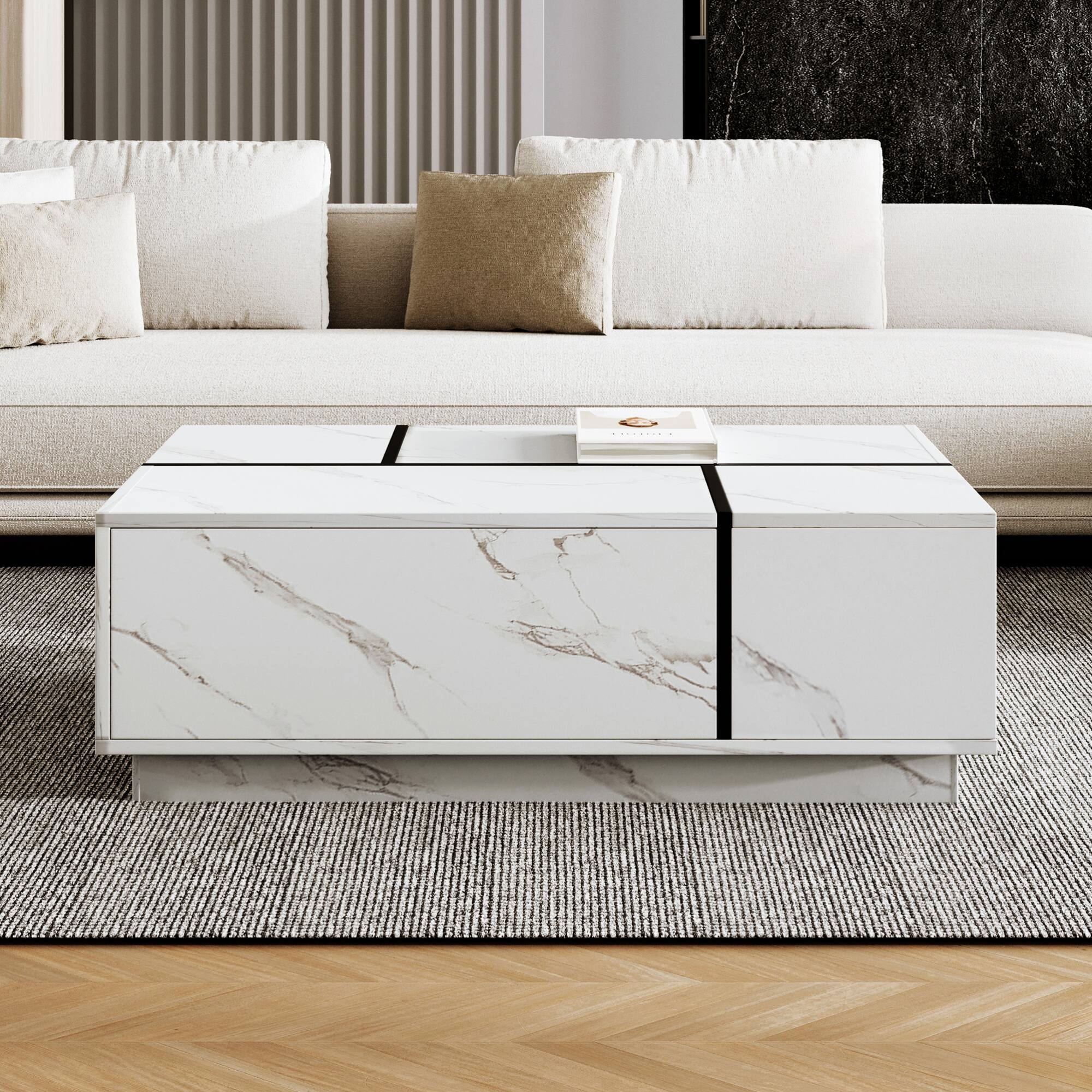 Angle. GOODSILO - Modern Rectangular Sliding Top Coffee Table with Hidden Storage and Drawers for Living Room - White.