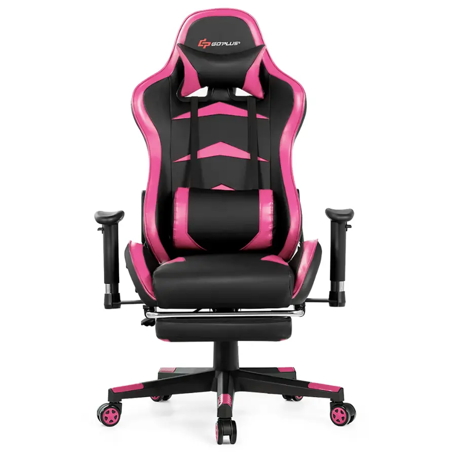 The text on the image reads "GOPLUS BOPLUS," which is a combination of two different brands. The chair is a black and pink GOPLUS chair, and the cushion is a BOPLUS cushion.