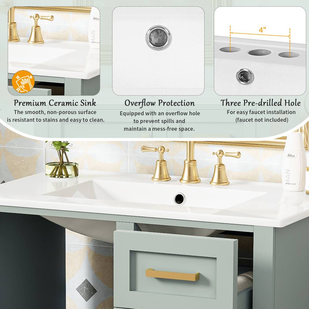 felua MAN 4" Premium Ceramic Sink  
The smooth, non-porous surface is resistant to stains and easy to clean.  
Overflow Protection: Equipped with an overflow hole to prevent spills and maintain a mess-free space.  
Three Pre-drilled Holes: For easy faucet installation (faucet not included)  
Salvee MAN