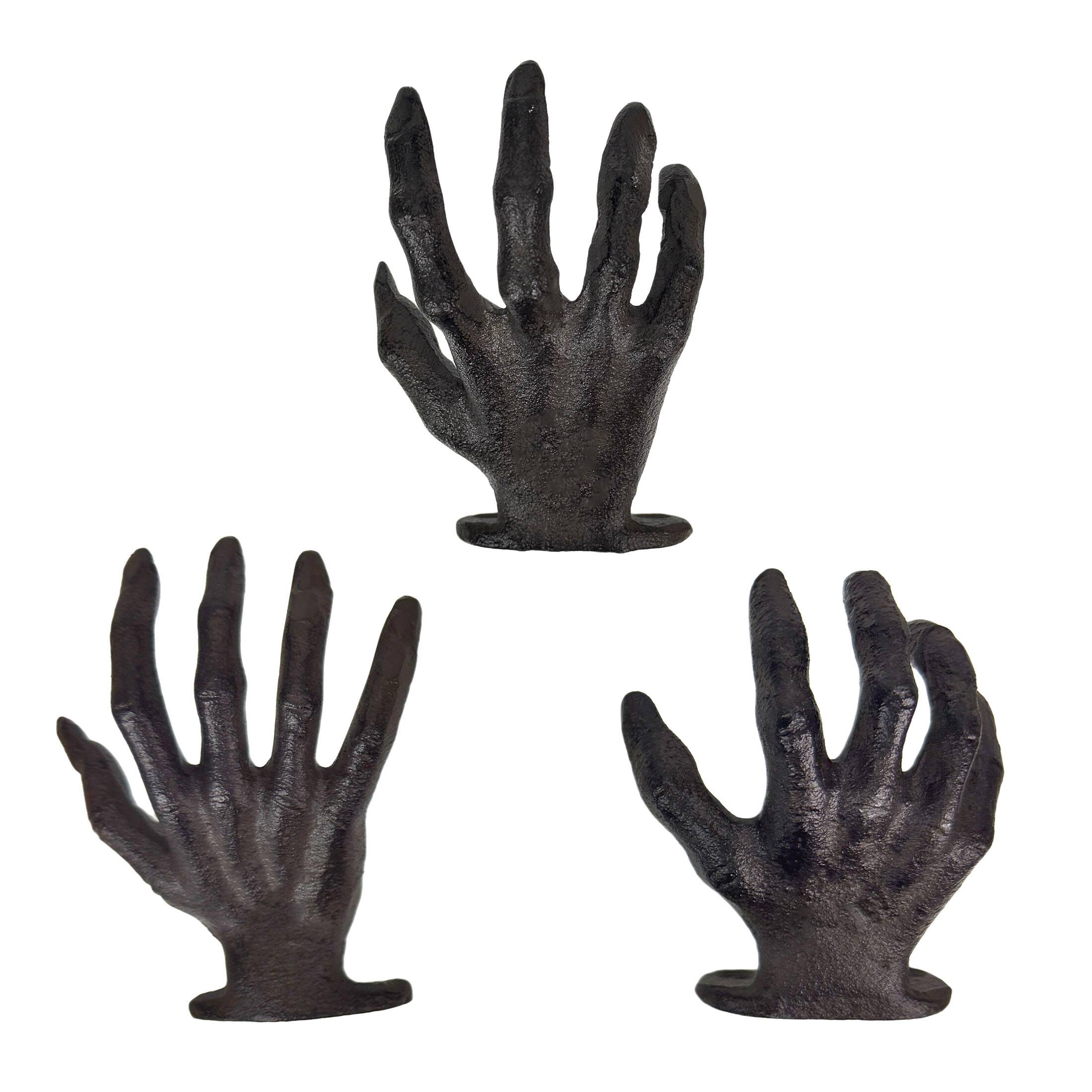 Alt View 8. Zeckos - Set of 3 Cast Iron Creepy Hand Wall Hooks Gothic Decor Distressed Black - Black.