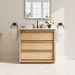 WELLFOR - 36 in Soild Wood Bathroom Vanity with Undermount Sink ,3 Soft-Close Drawers & Carrara White Quartz Top - Oak