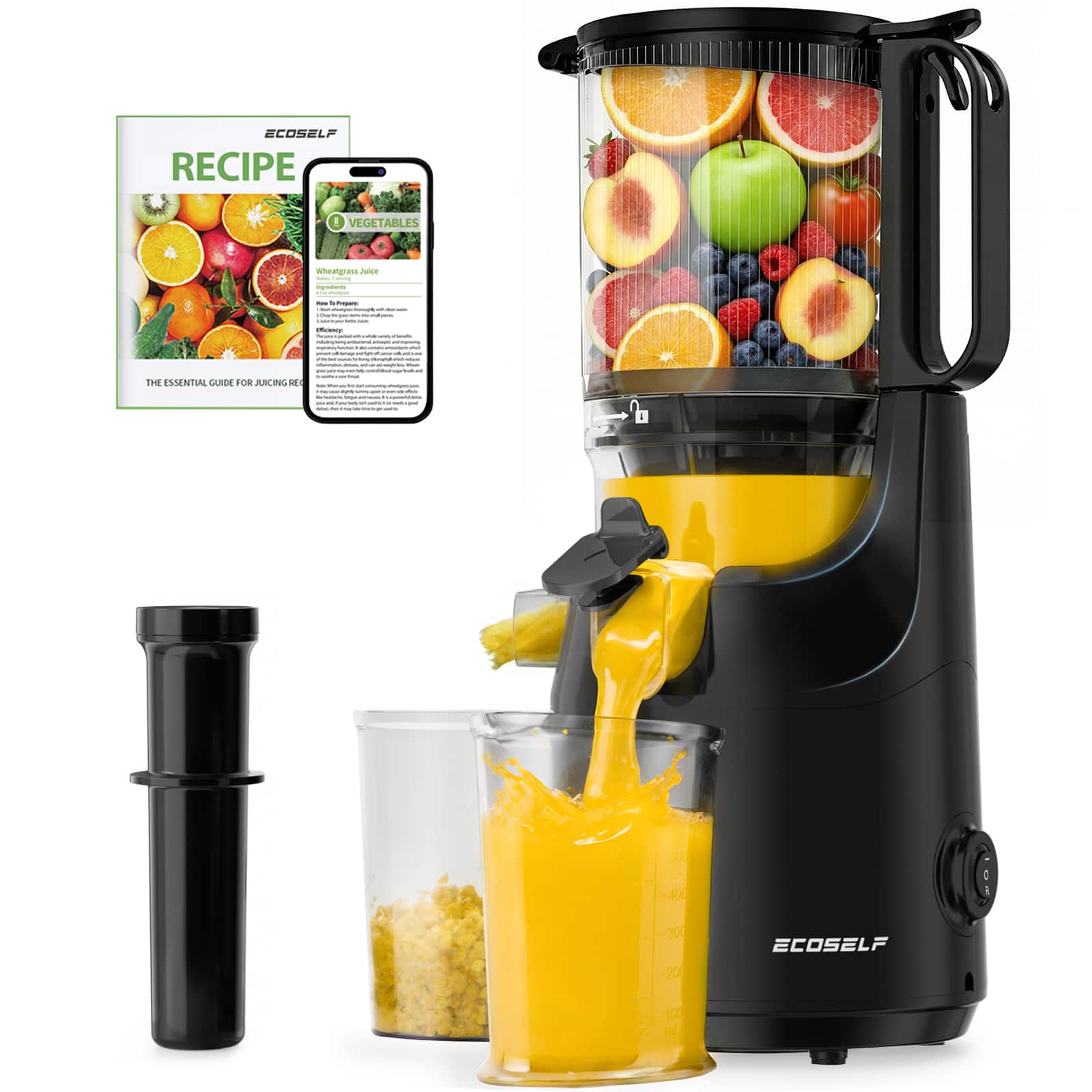Ecoself - Slow Masticating Juicer,Ecoself Juicer Machines, 5.3“ Extra Large Feed Chute for Whole Fruits & Vegetables - Black