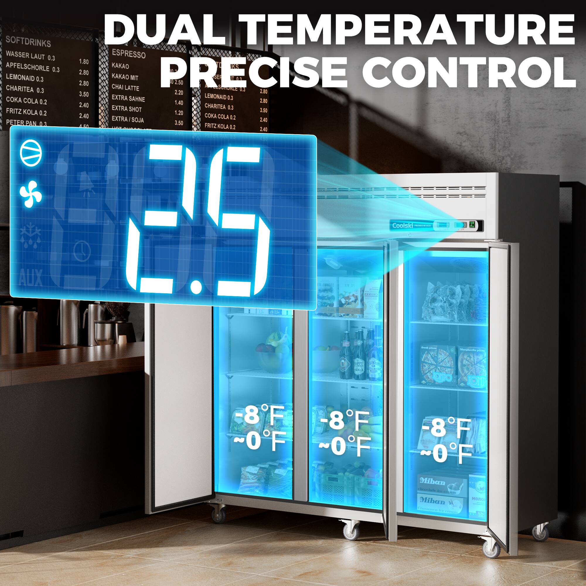 SOFTDRINKS  
DUAL TEMPERATURE  
WASSER LAUT 0.3  
ESPRESSO 1.80  
APFELSCHORLE KAO 0.3 2.80  
PRECISE CONTROL  
LEMONAID 0.3 KAO MT 2.80  
CHARITEA CHAI LATTE 0.3 2.29 2.80 3.50  
LEMONAID  
COLA EXTRA SAHNE 43 2 0.2 1.40 2.40  
EXTRA CHARITEA 0.3  
FRITZ KOLA SHOT 1.5 0.2 1.20 2.40  
OK COLA 3 EXTRA SOJA 2e PETER PAN 01 3.50  
FRITZ KOLA 02 24 AUX 05  

Cooked a BAP  
-8F -8F ~OF ~OF -8F ~OF  
Miban ... Miban