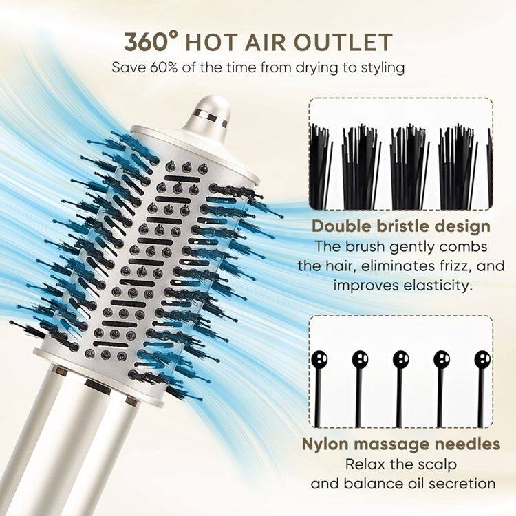 360° HOT AIR OUTLET  
Save 60% of the time from drying to styling  

Double bristle design  
The brush gently combs the hair, eliminates frizz, and improves elasticity.  

Nylon massage needles  
Relax the scalp and balance oil secretion