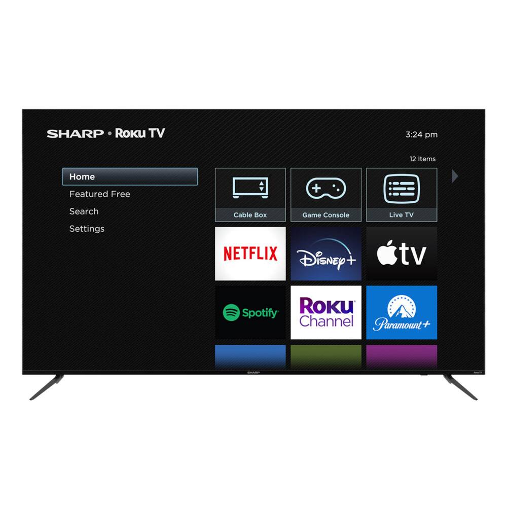 SHARP Roku TV  
3:24 pm  
12 Items  

Home  
Featured Free  
Search  
Settings  

Cable Box  
Game Console  
Live TV  

NETFLIX  
Disney+  
Apple TV  
Spotify  
Roku Channel  
Paramount+