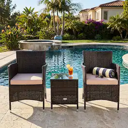 WELLFOR - 3 Pcs Outdoor Rattan Wicker Furniture Set with Cushions - Beige