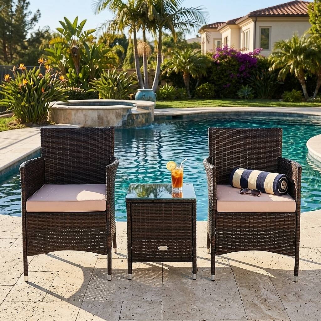Front. WELLFOR - 3 Pcs Outdoor Rattan Wicker Furniture Set with Cushions - Beige.