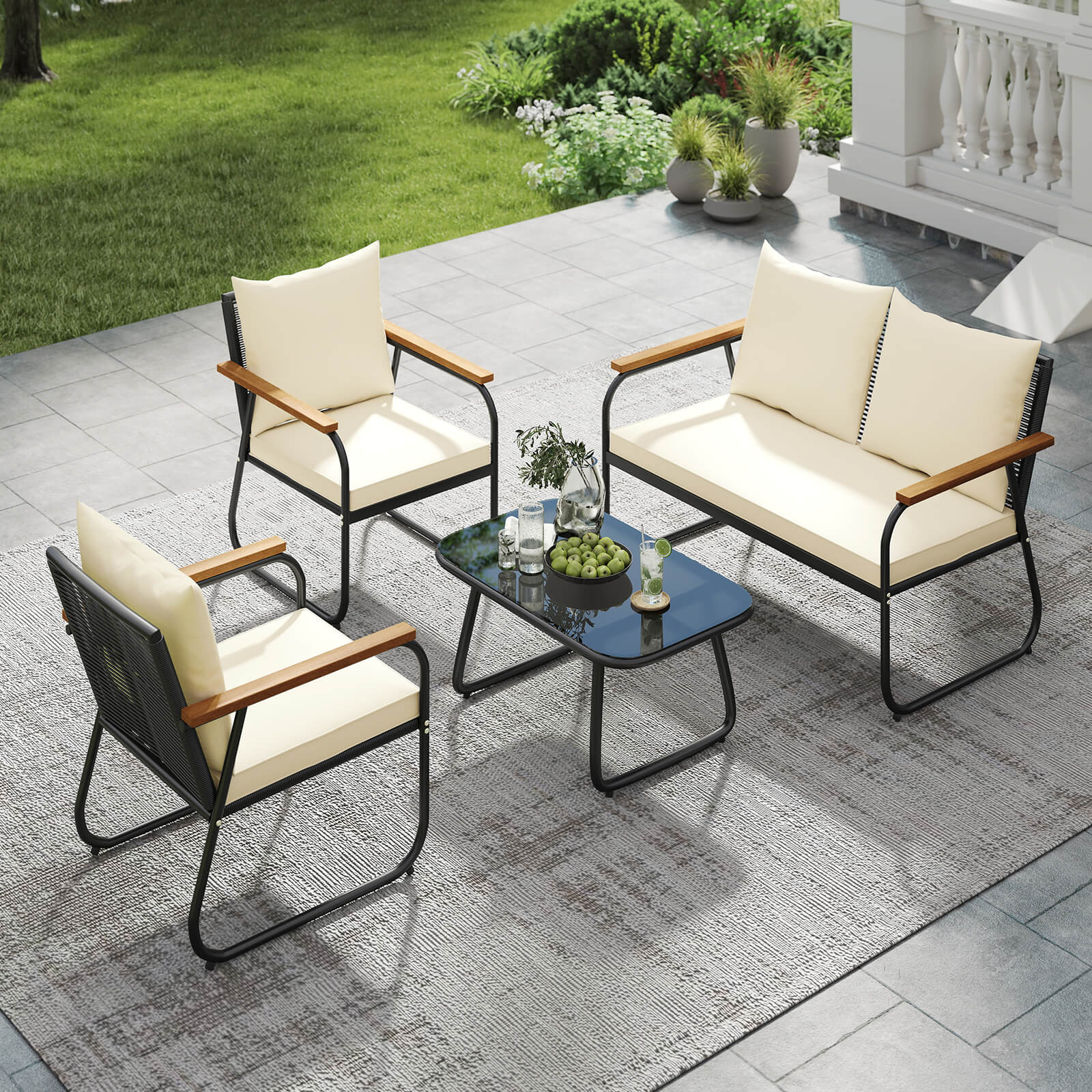 Alt View 5. Costway - Costway 8 PCS Patio Furniture Set with Tempered Glass Coffee Table PE Wicker Rattan Chairs - Black,Off White.