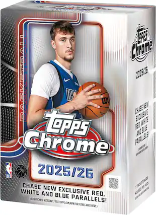 Topps Chrome Basketball 2025/26: Chase New Exclusive White, Red, and Blue Parallels! National Basketball Association. 7 Packs per Box, 4 Cards per Pack. (No Purchase Necessary. Visit Topps.com/NPN for Details and Entry.)