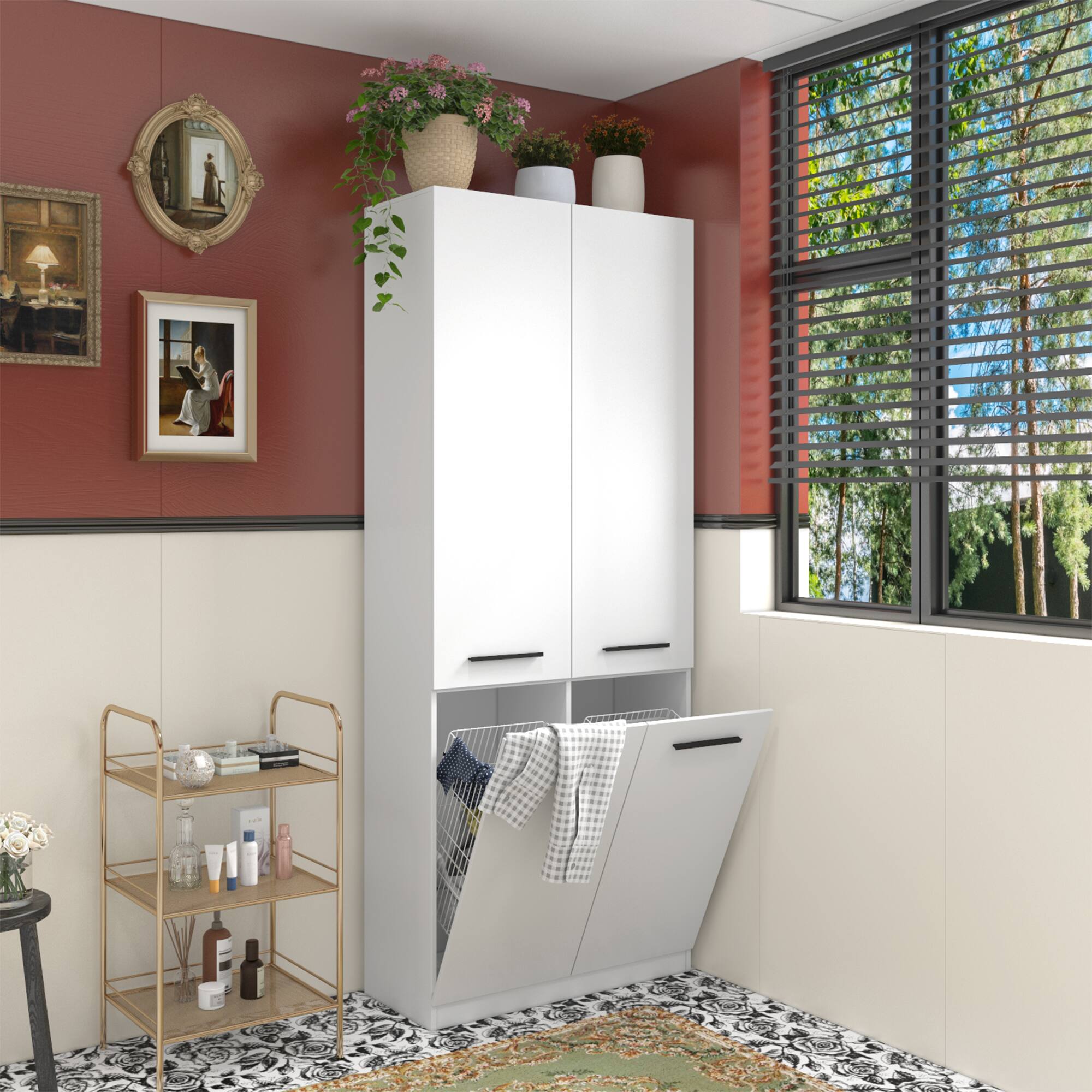 Left. FUFU & GAGA - Bathroom Storage Cabinet with Hidden Laundry Baskets – 78.7" Organizer Unit, Fixed Shelves, Flip‑Out Metal Hampers - White.