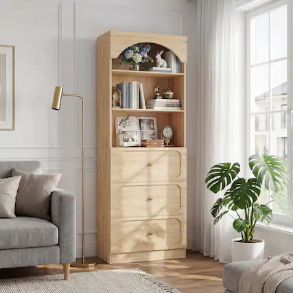 Front. Aheaplus - 80"Tall Arched Bookcase with 3 Drawers & 3-Tier Open Shelves – Storage Cabinet for Living Room, Kitchen - Brown.
