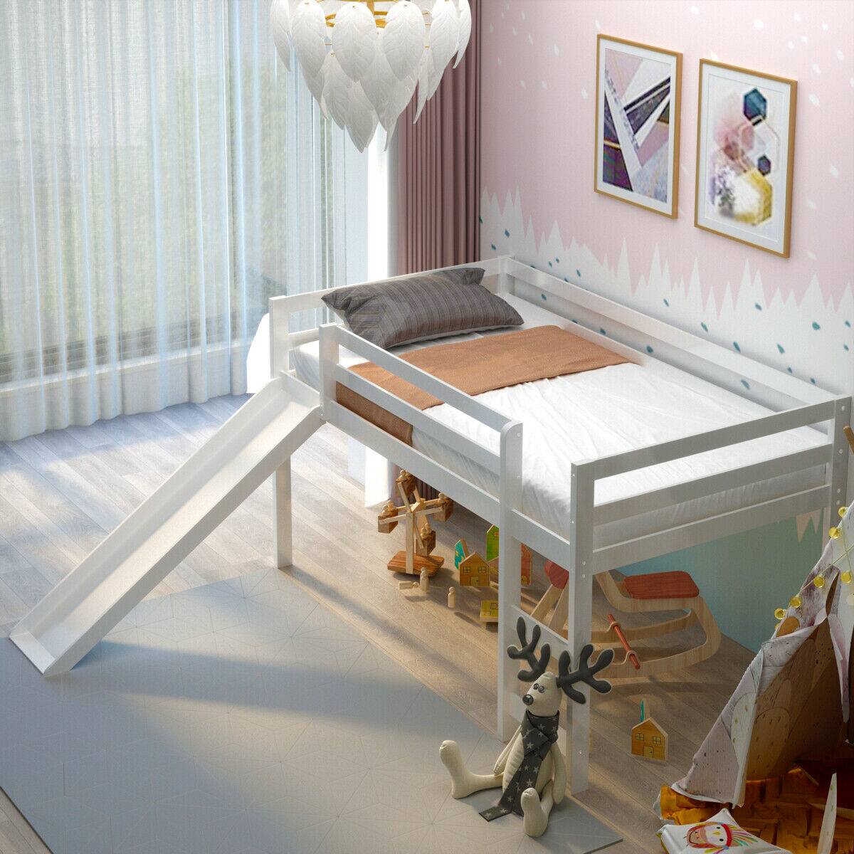 Alt View 3. Gymax - Gymax Twin Size Loft Bed with Slide Wood Low Sturdy Loft Bed Bedroom White - White.