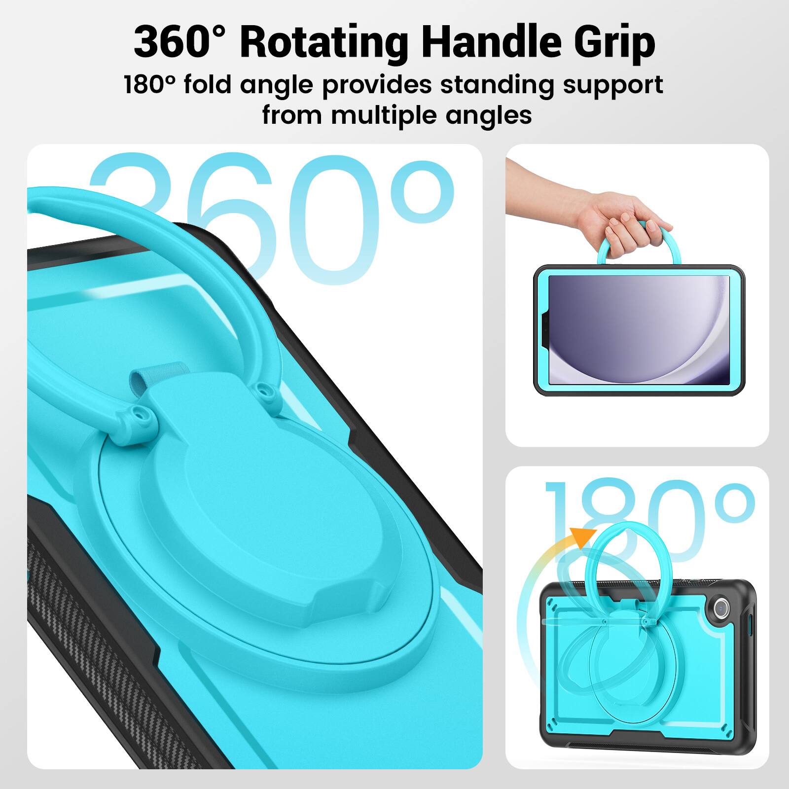 360° Rotating Handle Grip  
180° fold angle provides standing support from multiple angles