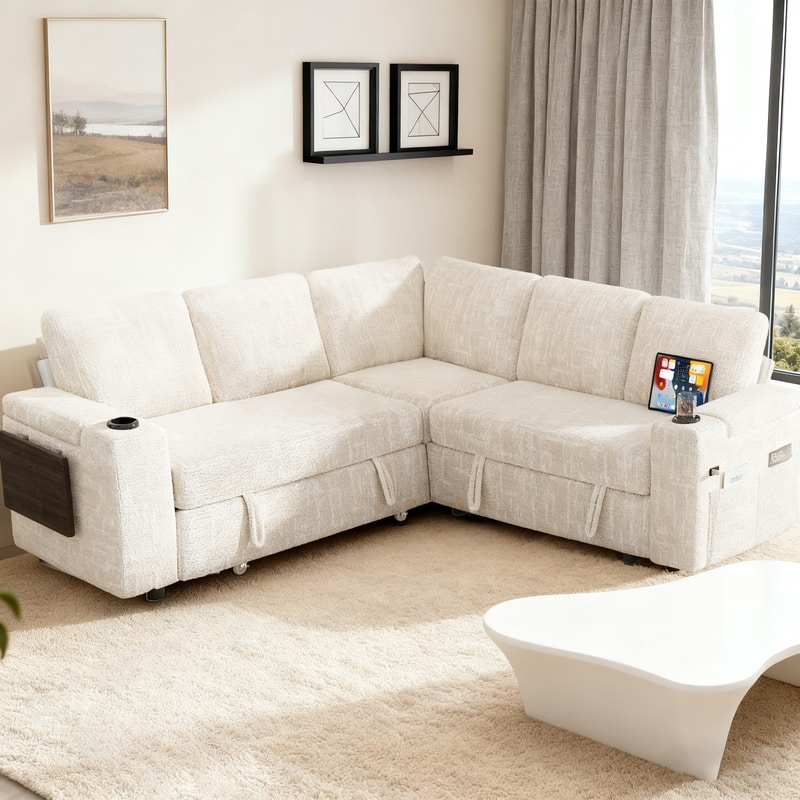 Dyonery - 85" Modular Sectional Sofa with Pull Out Bed,Chenille Fabric 5 Seat Sectional Sleeper Sofa with Storage,for Living Room - Beige