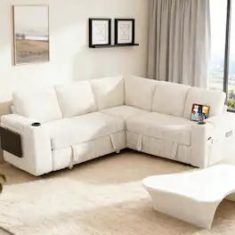 Dyonery - 85" Modular Sectional Sofa with Pull Out Bed,Chenille Fabric 5 Seat Sectional Sofa with Storage,for Living Room - Beige