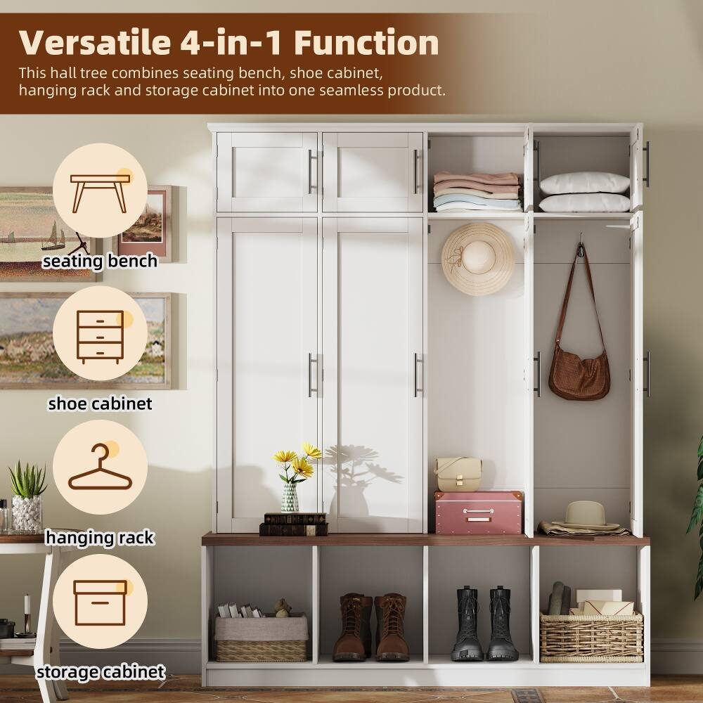 Versatile 4-in-1 Function  
This hall tree combines seating bench, shoe cabinet, hanging rack and storage cabinet into one seamless product.  

seating bench  
shoe cabinet  
hanging rack  
storage cabinet