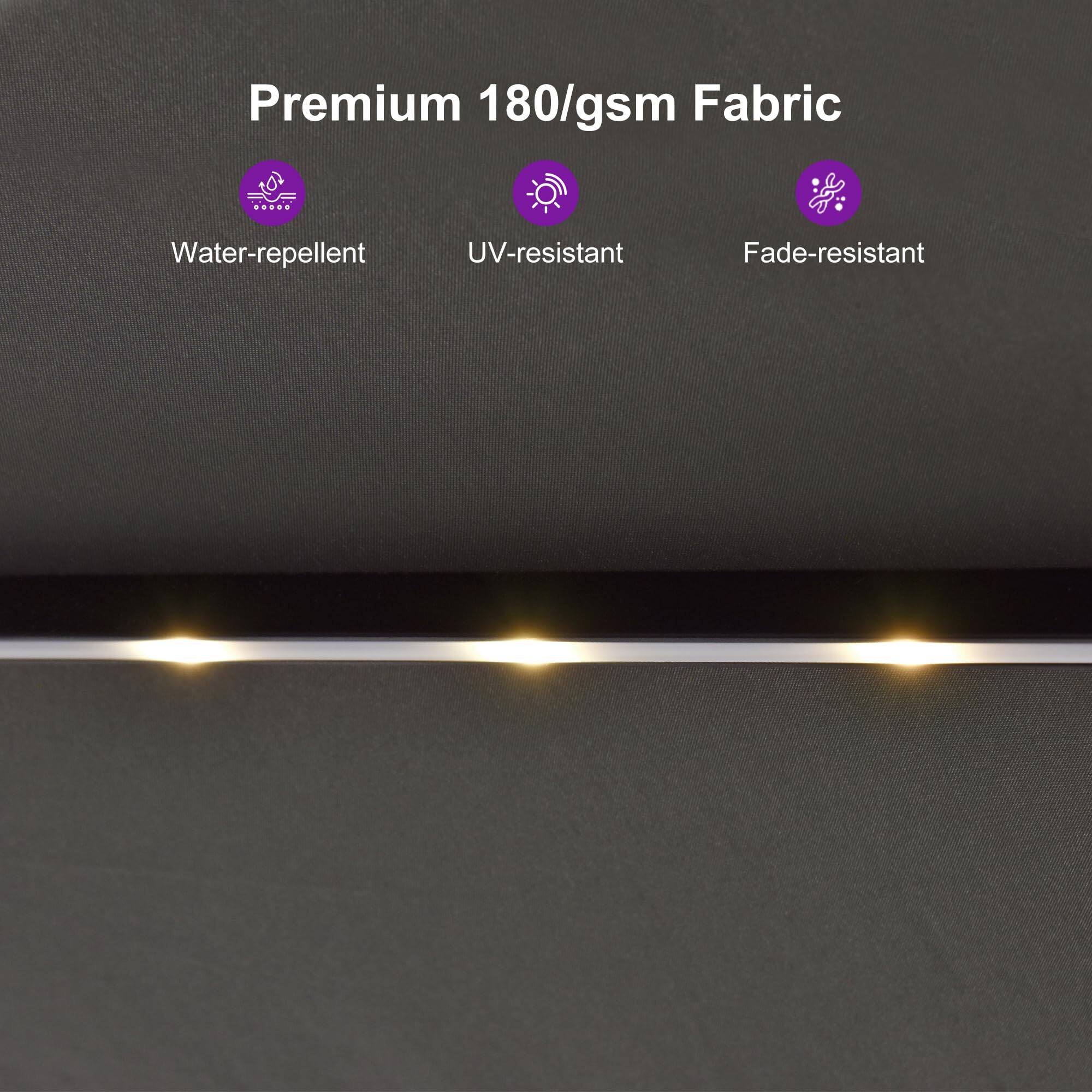 Premium 180/gsm Fabric

- Water-repellent
- UV-resistant
- Fade-resistant