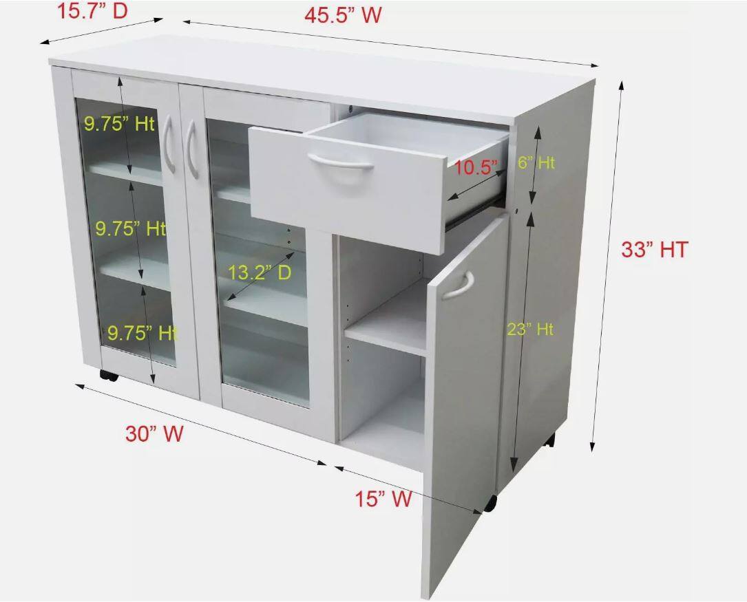 - Depth: 15.7"
- Width: 45.5"
- Height: 33"
- Cabinet Width: 30"
- Cabinet Width: 15"
- Shelf Height: 9.75"
- Shelf Height: 9.75"
- Shelf Height: 9.75"
- Drawer Height: 6"
- Drawer Height: 10.5"
- Drawer Height: 23"
- Drawer Depth: 13.2"