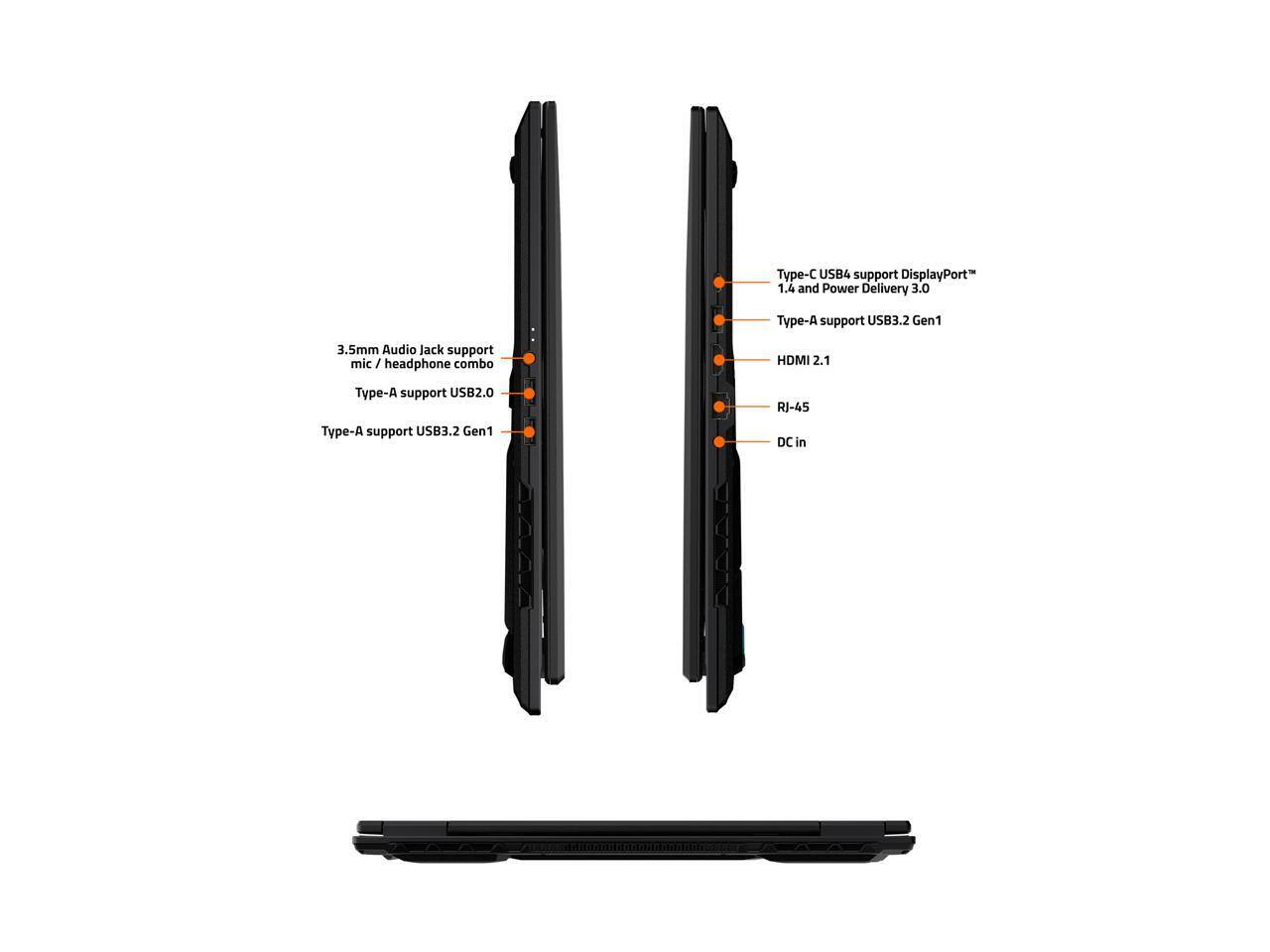 Type-C USB4 support DisplayPort 1.4 and Power Delivery 3.0  
Type-A support USB3.2 Gen1  
3.5mm Audio Jack support mic / headphone combo  
HDMI 2.1  
Type-A support USB2.0  
RJ-45  
Type-A support USB3.2 Gen1  
DC in