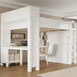 Whisen - Queen Loft Bed with Wardrobe, Desk, and Headboard Storage, Wooden Bed Frame with USB Port and Shelving - White