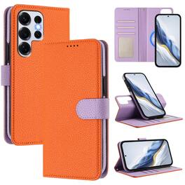 Dteck - Magnetic Detachable 2-in-1 Wallet Case for Samsung Galaxy S25 Ultra,PU Leather Flip Cover with Card Slots & Wrist Strap - Orange