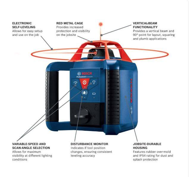 - **ELECTRONIC SELF-LEVELING**: Allows for easy setup and use on the job.
- **RED METAL CAGE**: Provides increased protection and visibility on the jobsite.
- **VERTICAL-BEAM FUNCTIONALITY**: Provides a vertical beam and 90° point for layout, squaring, and plumb applications.
- **VARIABLE-SPEED AND SCAN-ANGLE SELECTION**: Allows for maximum visibility at different lighting conditions.
- **DISTURBANCE MONITOR**: Indicates if tool position changes, ensuring consistent leveling accuracy.
- **JOBSITE-DURABLE HOUSING**: Features rubber over-mold and IP54 rating for dust and splash protection.