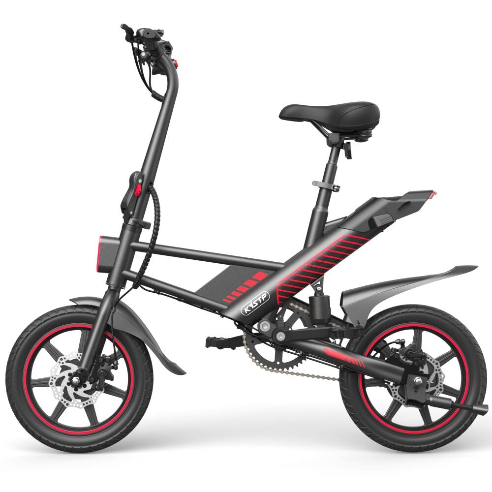 Left. MIHOVER - 14-Inch Folding Mini E-Bike for Adults & Teens, 450W Motor, 36V 7.8Ah Battery, 30-Mile Range, Rear Suspension, UL2849 - Black.