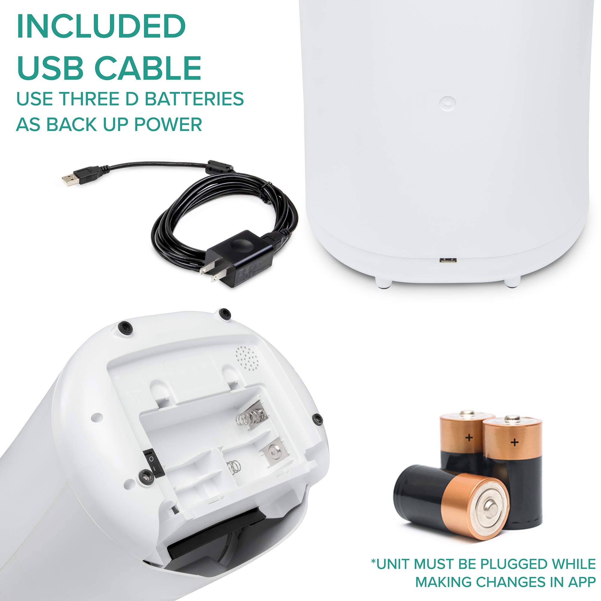 INCLUDED USB CABLE USE THREE D BATTERIES AS BACK UP POWER

*UNIT MUST BE PLUGGED WHILE MAKING CHANGES IN APP