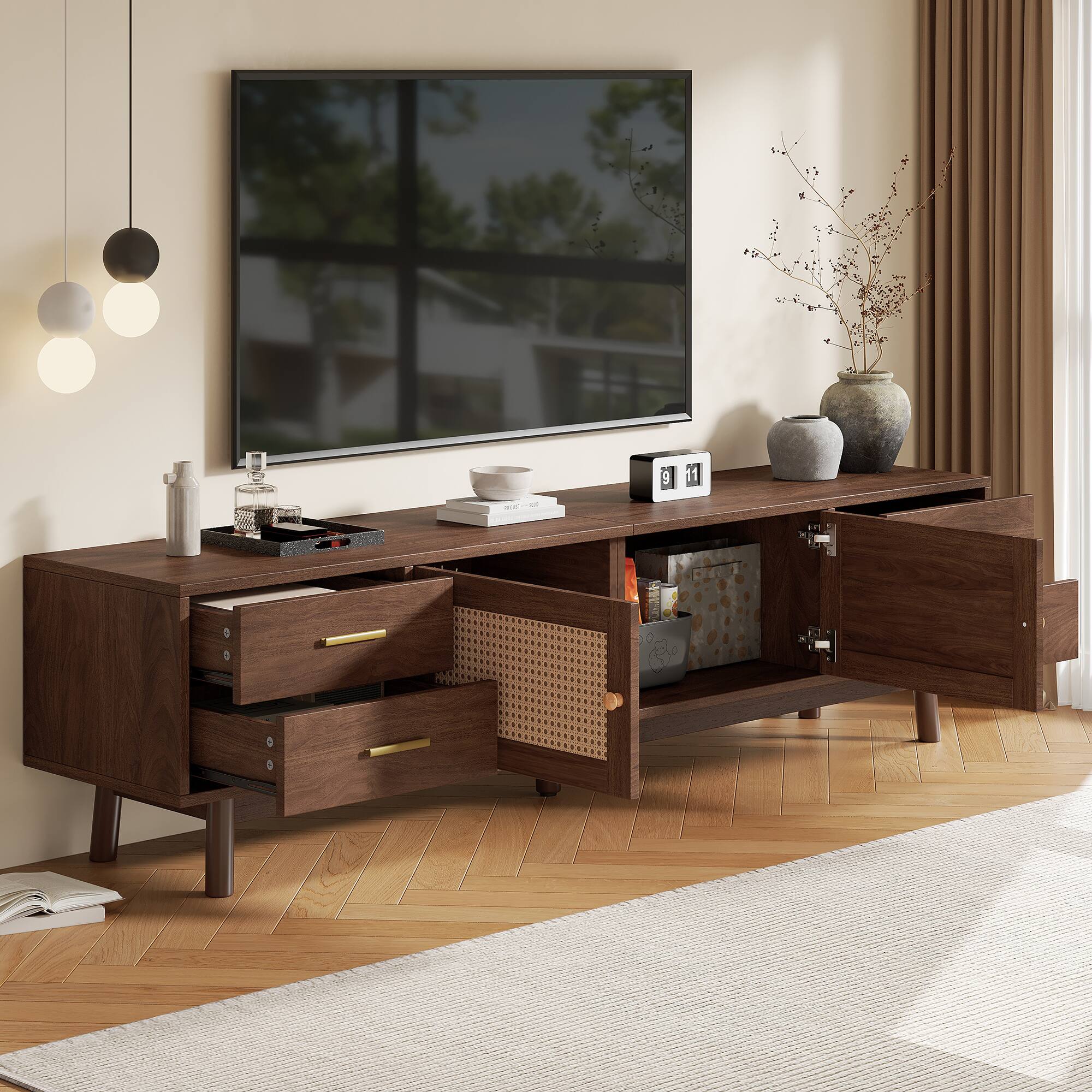 Front. Whisen - 70-Inch TV Stand for TVs up to 80-Inch, Media Console with Rattan Doors and 4 Storage Drawers - Dark Brown.