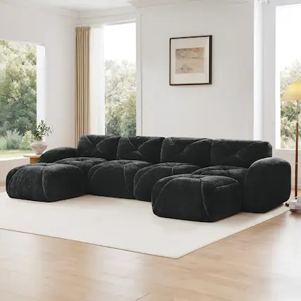 Front. Aukfa - U-Shaped Boneless Tufted Sofa - 32D High Density Sponge, Free Combination, No Assembly, with Ottomans - Black.