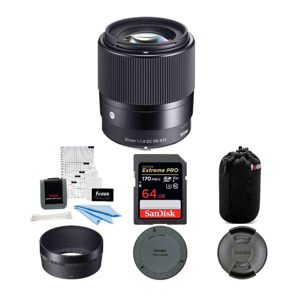 Sigma 30mm f/1.4 DC DN Contemporary Lens for Canon EF M and 64GB