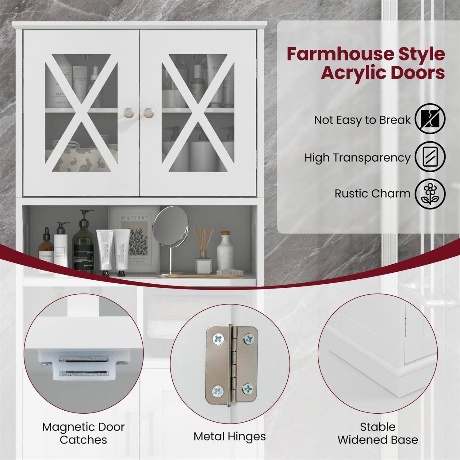 Farmhouse Style Acrylic Doors

- Not Easy to Break
- High Transparency
- Rustic Charm

- Magnetic Door Catches
- Metal Hinges
- Stable Widened Base