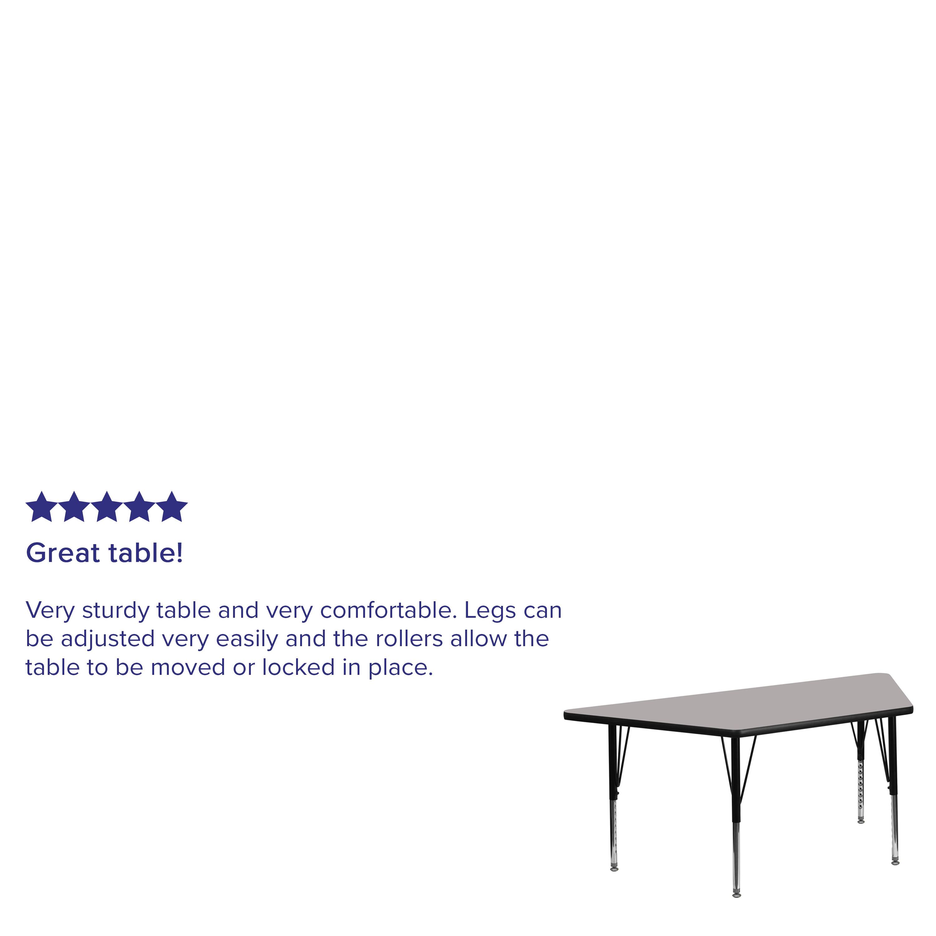 Great table! Very sturdy table and very comfortable. Legs can be adjusted very easily and the rollers allow the table to be moved or locked in place.