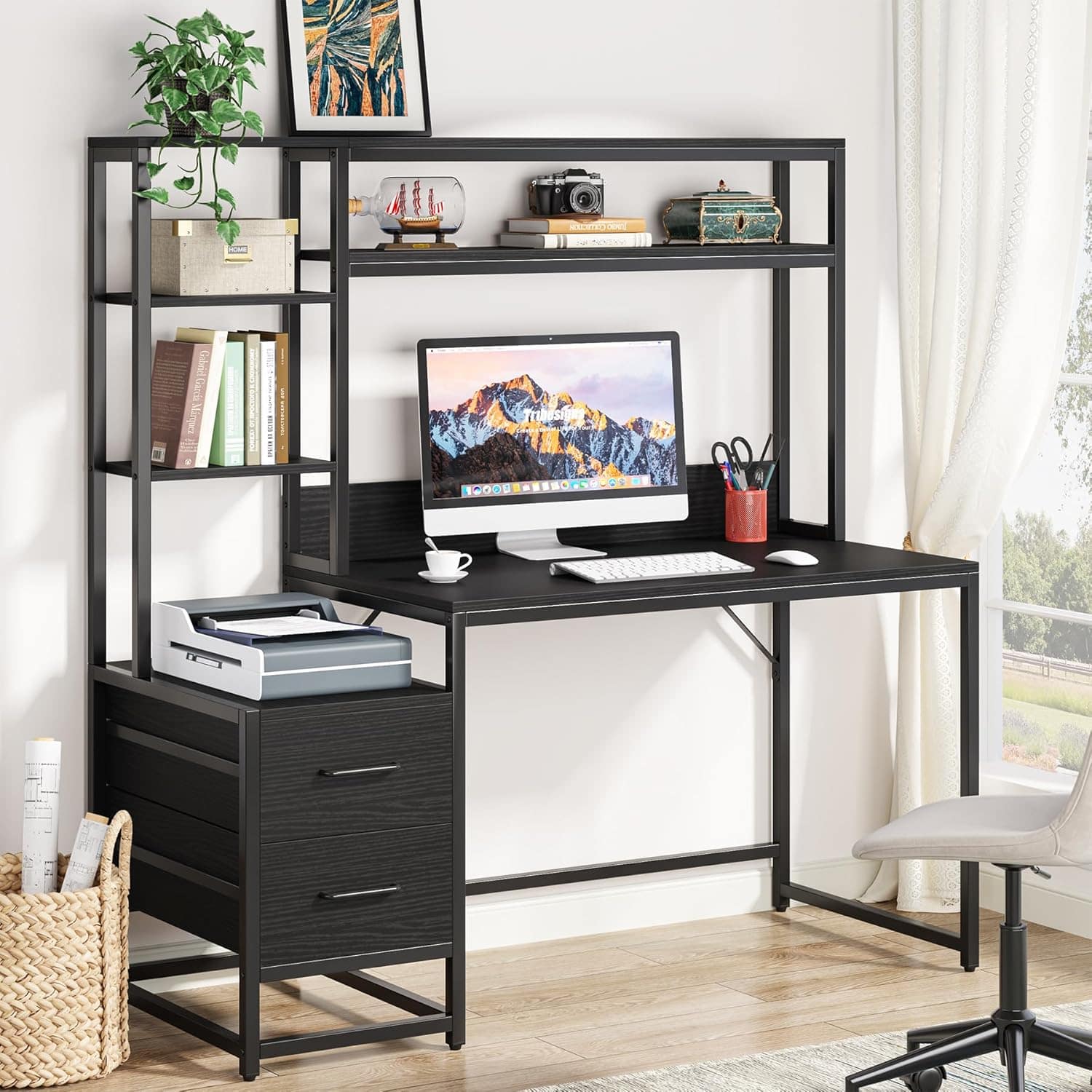 Zell Electronics - 55 Inch Office DeskHutch, Drawers & Shelves for Rustic Study, Gaming or Home Workstation - Black