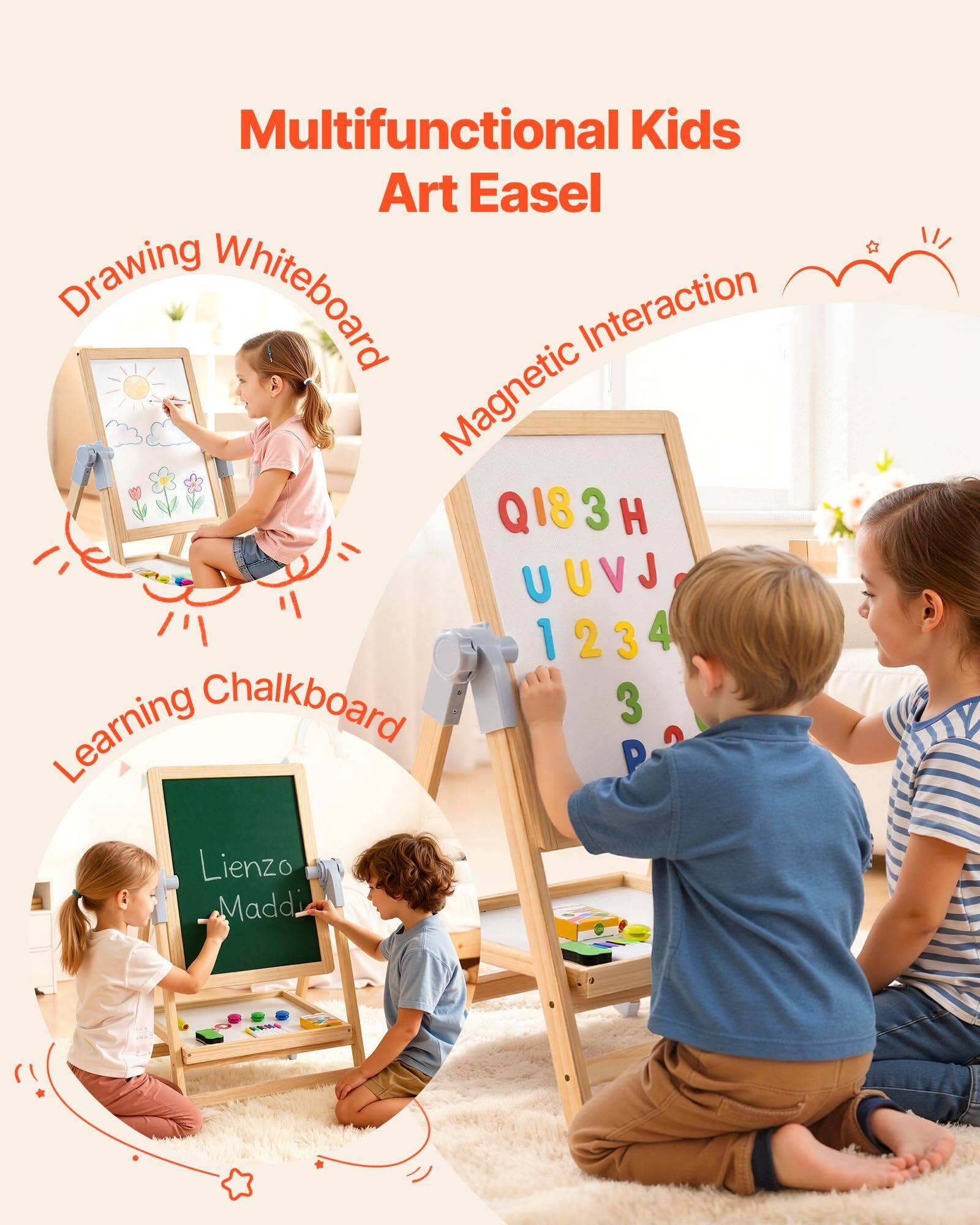 Multifunctional Kids Art Easel

- Drawing Whiteboard
- Magnetic Interaction
- Learning Chalkboard