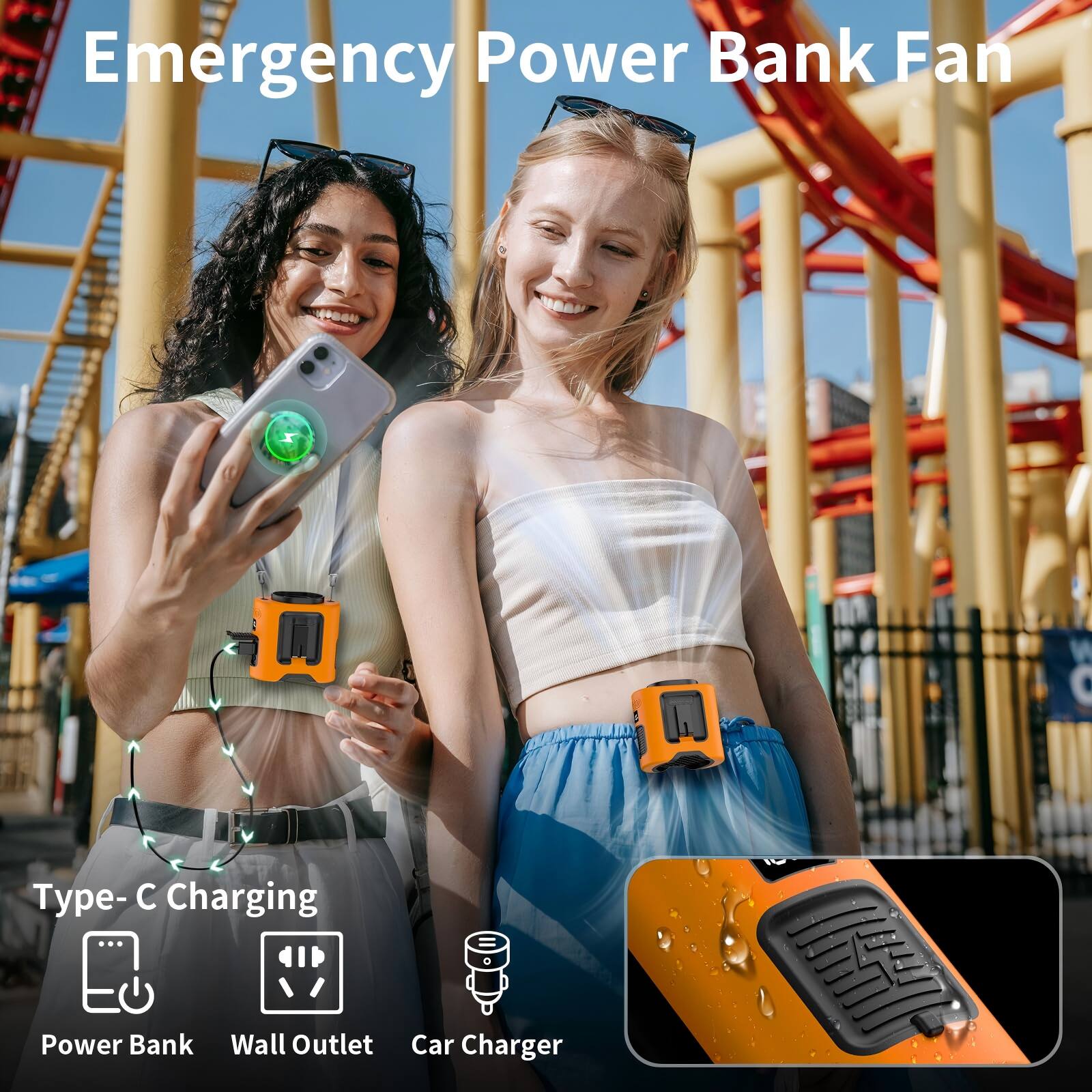 Emergency Power Bank Fan

Type-C Charging

Power Bank Wall Outlet Car Charger