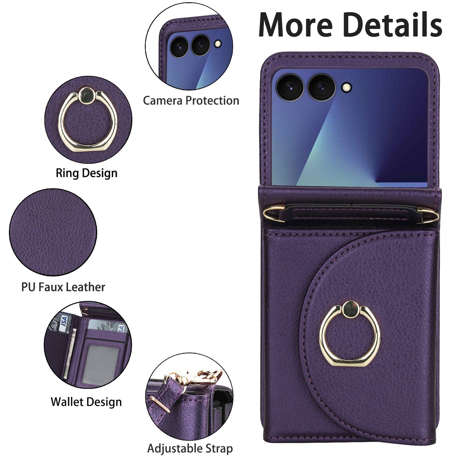 More Details  
Camera Protection  
Ring Design  
PU Faux Leather  
Wallet Design  
Adjustable Strap