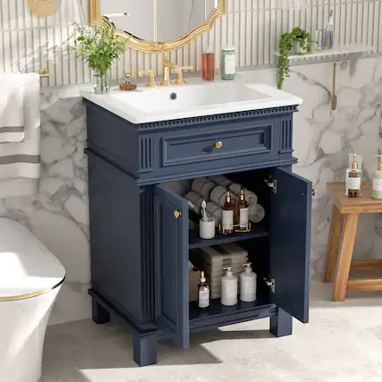 Front. Whisen - 24" Vintage Bathroom Vanity Cabinet with Sink Adjustable Shelf and Soft Closing Doors Storage - Blue.