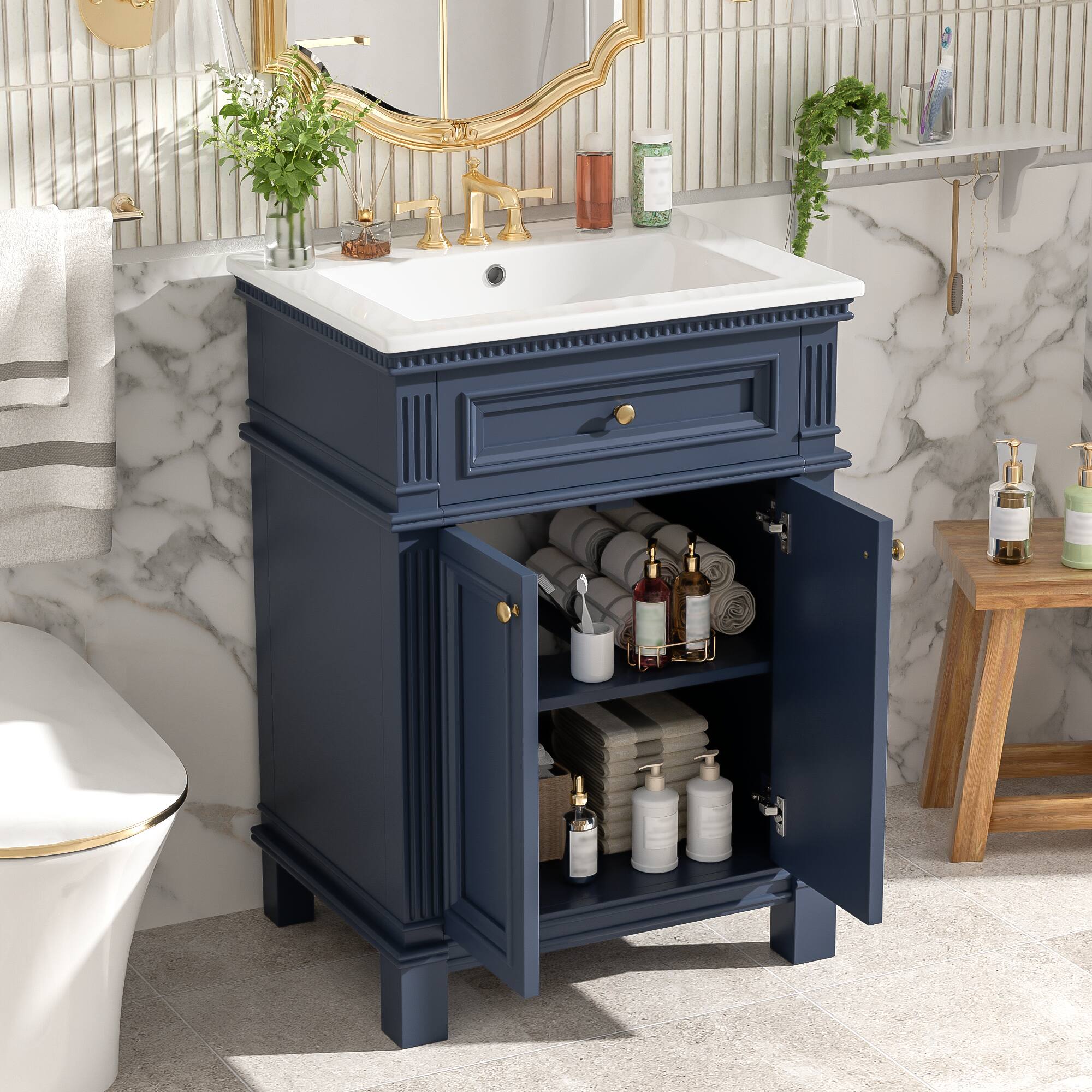 Front. Whisen - 24" Vintage Bathroom Vanity Cabinet with Sink Adjustable Shelf and Soft Closing Doors Storage - Blue.